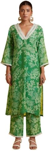 مجموعة كورتا ذا لوم مع بنطال للنساء/البنات 3/4 أكمام جرس ورقبة على شكل حرف V مطبوعة سترة عرقية هندية علوية كورتي مسحوق وردي وأحمر in Kuwait