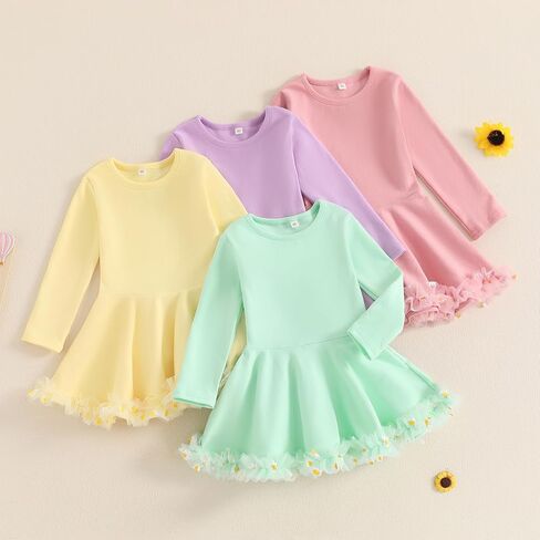 Qiylii Toddler Baby Girls Solid Color A-line Tutu Dress Long Sleeve Cotton Playwear Dresses Fall Winter Outfits in Saudi Arabia