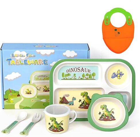 Toddler Plates and Bowls Set, Dinosaur Plate, Dinnerware Kids Feeding Set Bamboo Plate Dishes, Cartoon Kids Fork Spoon Bowl Cup Divided Plates with Utensils Baby Self-Feeding Plate Dishwasher Safe in Saudi Arabia