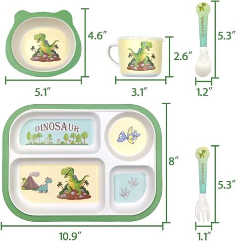 Toddler Plates and Bowls Set, Dinosaur Plate, Dinnerware Kids Feeding Set Bamboo Plate Dishes, Cartoon Kids Fork Spoon Bowl Cup Divided Plates with Utensils Baby Self-Feeding Plate Dishwasher Safe in Saudi Arabia