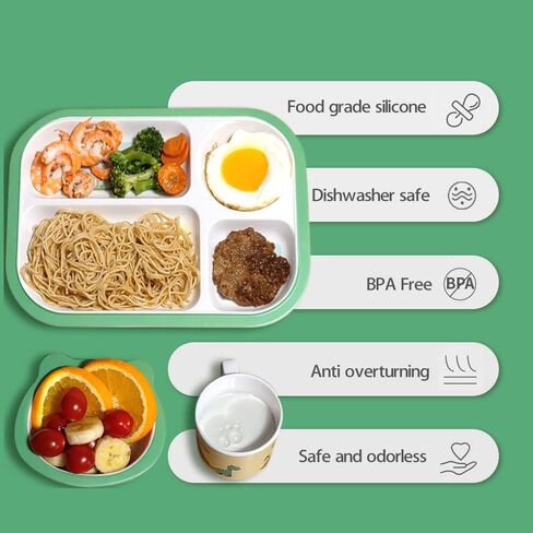 Toddler Plates and Bowls Set, Dinosaur Plate, Dinnerware Kids Feeding Set Bamboo Plate Dishes, Cartoon Kids Fork Spoon Bowl Cup Divided Plates with Utensils Baby Self-Feeding Plate Dishwasher Safe in Saudi Arabia