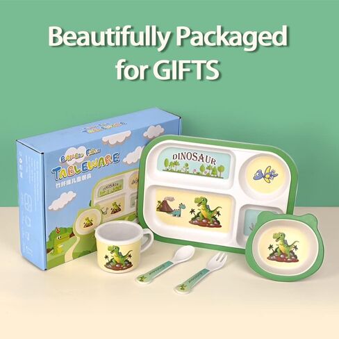 Toddler Plates and Bowls Set, Dinosaur Plate, Dinnerware Kids Feeding Set Bamboo Plate Dishes, Cartoon Kids Fork Spoon Bowl Cup Divided Plates with Utensils Baby Self-Feeding Plate Dishwasher Safe in Saudi Arabia