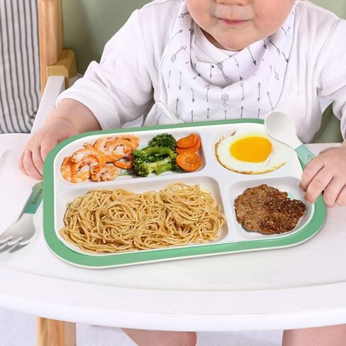Toddler Plates and Bowls Set, Dinosaur Plate, Dinnerware Kids Feeding Set Bamboo Plate Dishes, Cartoon Kids Fork Spoon Bowl Cup Divided Plates with Utensils Baby Self-Feeding Plate Dishwasher Safe in Saudi Arabia