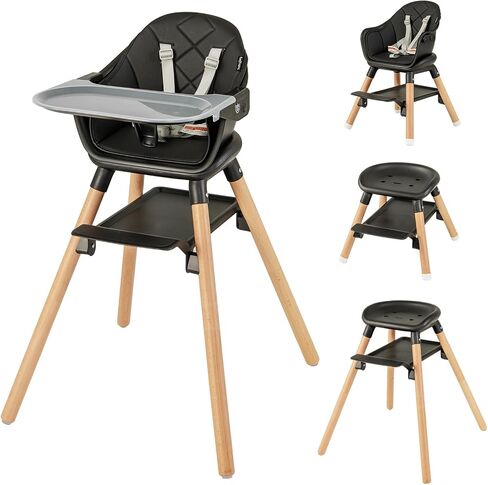 BABY JOY Baby High Chair, 6 in 1 Convertible Wooden High Chair for Babies & Toddlers with Adjustable Legs, Double Removable Tray, Safety Harness & Waterproof PU Cushion (Pink) in Saudi Arabia