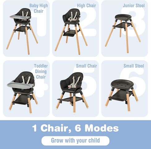 BABY JOY Baby High Chair, 6 in 1 Convertible Wooden High Chair for Babies & Toddlers with Adjustable Legs, Double Removable Tray, Safety Harness & Waterproof PU Cushion (Pink) in Saudi Arabia