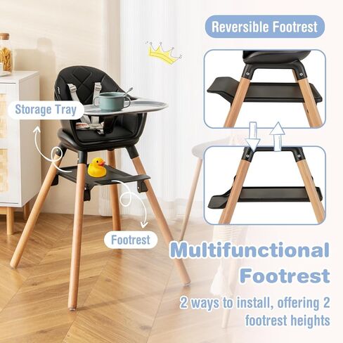 BABY JOY Baby High Chair, 6 in 1 Convertible Wooden High Chair for Babies & Toddlers with Adjustable Legs, Double Removable Tray, Safety Harness & Waterproof PU Cushion (Pink) in Saudi Arabia