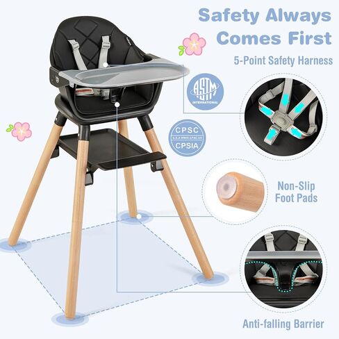 BABY JOY Baby High Chair, 6 in 1 Convertible Wooden High Chair for Babies & Toddlers with Adjustable Legs, Double Removable Tray, Safety Harness & Waterproof PU Cushion (Pink) in Saudi Arabia