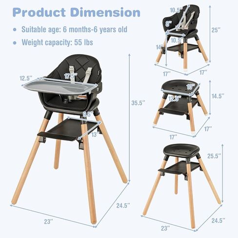 BABY JOY Baby High Chair, 6 in 1 Convertible Wooden High Chair for Babies & Toddlers with Adjustable Legs, Double Removable Tray, Safety Harness & Waterproof PU Cushion (Pink) in Saudi Arabia