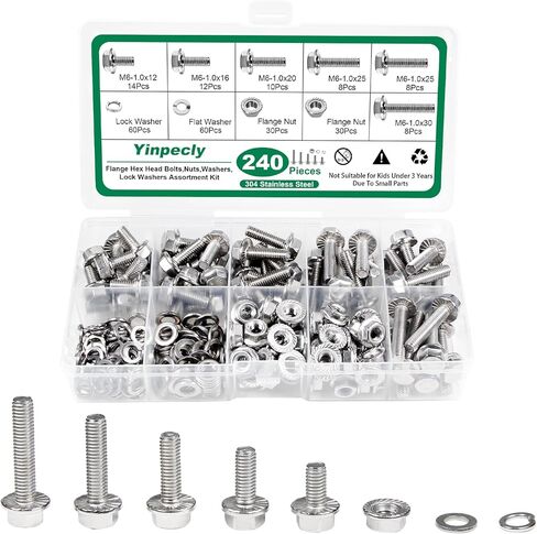 Yinpecly M8x1.25 x 16/20/25/30/35 مم مسامير رأس سداسية ذات حواف، 120 قطعة براغي سداسية شفة M8 صواميل شفة مسننة، غسالات وغسالات زنبركية للقفل، مجموعة 304 براغي وصواميل من الفولاذ المقاوم للصدأ in Kuwait