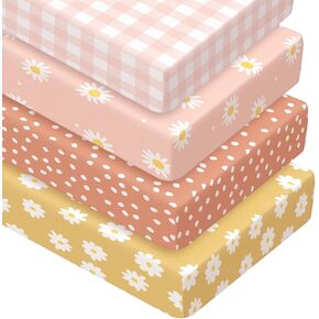 Peryiter 4 Pack Crib Sheets Girl Soft Baby Bed Sheet Set 52'' x 28" Pink Plaid Nursery Sheets Daisy Printed Crib Sheets for Standard Crib for Nursery Decor Baby Boys or Girls