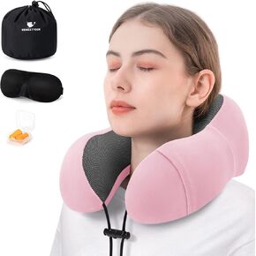 Travel Pillow for Airplane Memory Foam Neck Pillow, Soft & Support Travel Pillow for Travelling with Eye Mask, Earplugs and Storage Bag, Sleeping Rest, Car, Train and Home Use Cooling, Pink