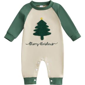 Lamuusaa Newborn Baby Boy Christmas Outfit Christmas Tree Embroidery Romper Color Block Bodysuit Jumpsuit Fall Outfit
