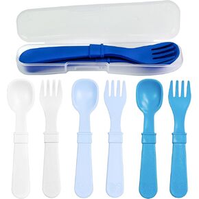 Re-Play Made in USA Toddler Forks and Spoons, Pack of 8 Without Carrying Case - 4 Kids Forks with Rounded Tips and 4 Deep Scoop Toddler Spoons - 0.2" Thick Toddler Utensils, Primary