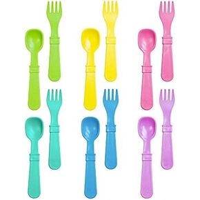 Re-Play Made in USA Toddler Forks and Spoons, Pack of 12 Without Carrying Case - 6 Kids Forks with Rounded Tips and 6 Deep Scoop Toddler Spoons - 0.2" Thick Toddler Utensils, Crayon Box