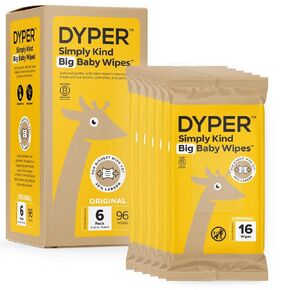 DYPER Big Baby Wipes, XL Bathing Wet Wipes, 100% Plant-Based, Hypoallergenic for Sensitive Skin, 6 Pack, 96 Wipes