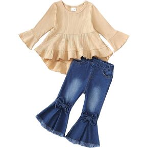 Kucnuzki Toddler Baby Girls Clothes Long Sleeve Shirt Top Flare Denim Jeans Cute Outfit Baby Girl Fall Winter Clothes