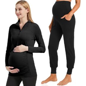 مجموعة V VOCNI Maternity Joggers (أسود، X-Large) حزمة علوية رياضية للأمومة (أسود، X-Large)