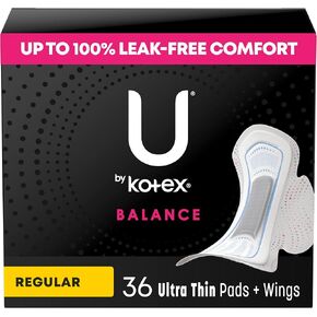 U by Kotex Balance Ultra Thin Pads with Wings, Regular Absorbency, 36 Count (Packaging May Vary)