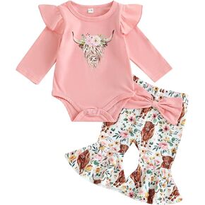 TheFound Western Baby Girl Clothes Ruffle Romper Cow Print Bell Bottoms Cowgirl Outfits for Girls Newborn Cute 2Pcs Set