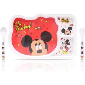 Finex 3 Pcs Set - Polka Dot Resin Meal Time Dishes Food Feeding Divided Compartments Dinnerware Plate with Matching Spoon and Fork Flatware