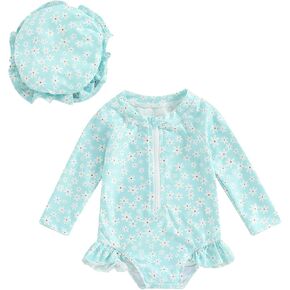 Toddler Baby Girl Cute Rash Guard Floral Long Sleeve Zipper Swimsuits Summer Beach Bathing Suits