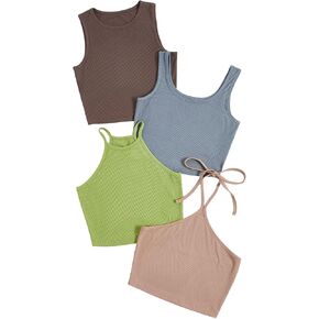 MakeMeChic Women's Casual 4 Pieces Solid Ribbed Knit Crop Tank Tops Vest Pack