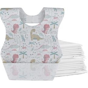 Baby Disposable Bibs Travel Feeding Bib 25pcs Individual Wrapped- Leakproof Liner, Food Catcher Pocket for 6-18 Months Babies Toddlers(Dinasour)