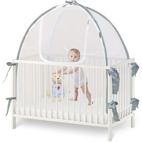 Baby Crib Tent Safety Net, Durable Strong Self-Locking Zippers, Protects from Climbing Out and, Insects, Mosquitoes, Installs with Rods (Crib 52.25" - 28.25")