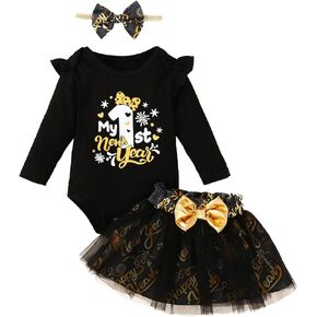 BIRTHDAY SHARK Baby Girl My 1st New Year Outfit Infant Girl Happy New Year Skirt Set Long Sleeve Outfit