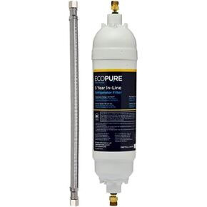 EcoPure EPINL35 Universal In-Line Refrigerator Filter | 5-Year Lifespan | Includes 12" Connection Line & 1/4" Fittings | White