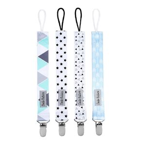 Dodo Babies Pacifier Clip Set - Four Clips Plus Binky Case – Universal Holder Fits Most Paci Brands, Teether Toys and Car Seats – Blue and Teal Prints for Girls or Boys