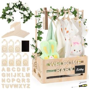 Wooden Baby Shower Crate Closet, Baby Shower Basket with Hangers, Letters, Dividers, Easy Assembly Baby Shower Baskets for Newborn Boys Girls, Pregnancy Gifts for New Parents