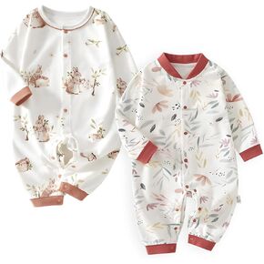 100% Organic Cotton Soft Baby Romper Jumpsuits Set for Boys and Girls Unisex, Long Sleeve, 0-24 Months