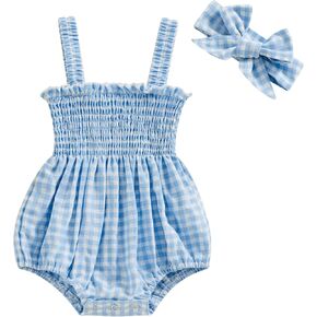 Infant Baby Girl Summer Outfit Clothes Sleeveless Smocked Cotton Linen Romper with Headband