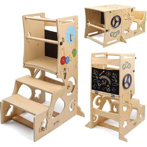 Toddler Tower, Toddler Step Stool Standing Tower with Blackboard Removable Bars Kids Learning Wooden Tower with Montessori Toys Toddler Step Stool for Bathroom Counter