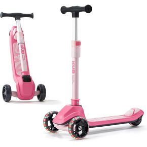 Kids Scooter, 3 LED Lighted Wheels, Any Height Adjustable Handlebar & Lean-to-Steer, Anti-Slip Deck, Easy-Fold Mechanism, Three-Wheel Scooter for Kids Ages 3-14（Pink）