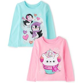 The Children's Place Baby Girls' Dino Long Sleeve Graphic T-Shirts, Penguins/Cupcake Bear 2-Pack