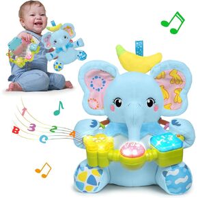 Baby Elephant Musical Stuffed Animals Toy with Light-Up Music & Crinkle Sound Paper,Infant Bilingual Early Learning Education Toys,Tummy Time Toys for 0-3-6-12+ Months Boy Girl, Pink