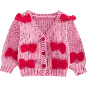 Baby Sweater Cardigan 3D Bow Cable-Knit Spring Coat Long Sleeve Button Up V-Neck Cardigan for Baby Girl Warm Coat