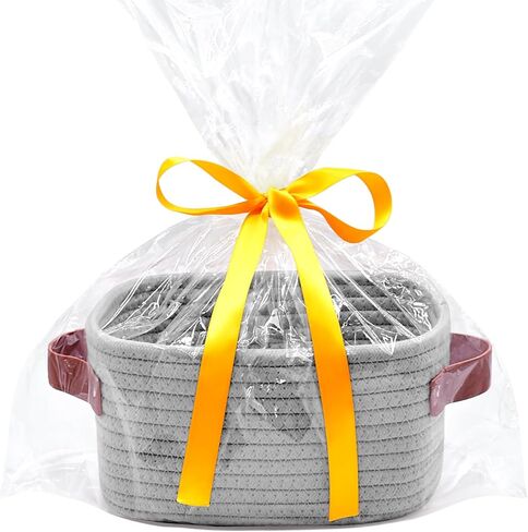 ABenkle Small Storage Basket, Mini Basket with Handle, Cotton Rope Woven Basket, Boho Decorative Toy Dog Cat Basket for Nursery, Living Room, Spa, Empty Gift Basket with Gift Bags and Ribbon- White in Saudi Arabia