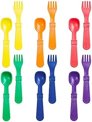 Re-Play Made in USA Toddler Forks and Spoons, Pack of 12 Without Carrying Case - 6 Kids Forks with Rounded Tips and 6 Deep Scoop Toddler Spoons - 0.2" Thick Toddler Utensils, Crayon Box in Saudi Arabia