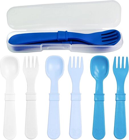 Re-Play Made in USA Toddler Forks and Spoons, Pack of 8 Without Carrying Case - 4 Kids Forks with Rounded Tips and 4 Deep Scoop Toddler Spoons - 0.2" Thick Toddler Utensils, Primary in Kuwait