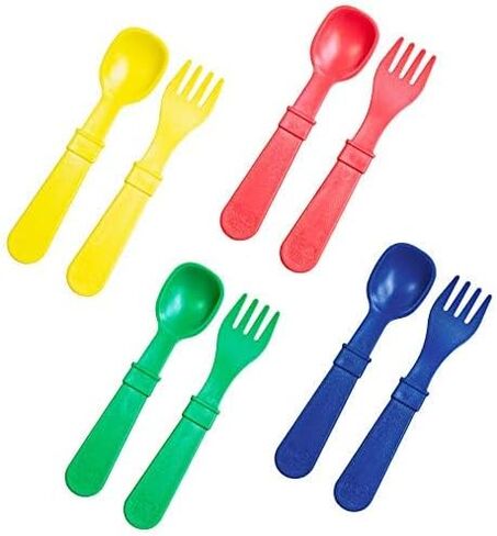 Re-Play Made in USA Toddler Forks and Spoons, Pack of 8 Without Carrying Case - 4 Kids Forks with Rounded Tips and 4 Deep Scoop Toddler Spoons - 0.2" Thick Toddler Utensils, Primary in Kuwait