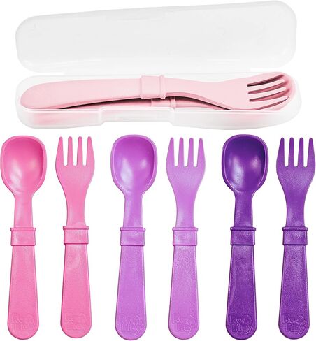 Re-Play Made in USA Toddler Forks and Spoons, Pack of 8 Without Carrying Case - 4 Kids Forks with Rounded Tips and 4 Deep Scoop Toddler Spoons - 0.2" Thick Toddler Utensils, Primary in Kuwait