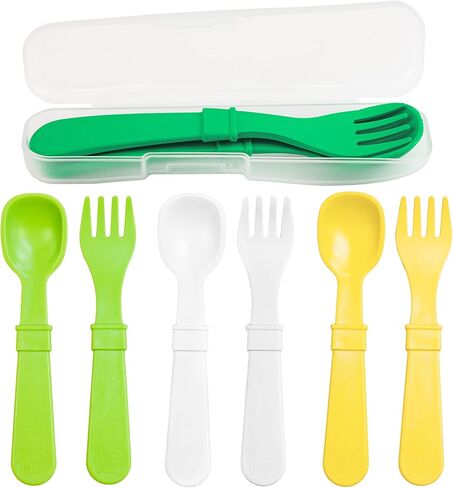 Re-Play Made in USA Toddler Forks and Spoons, Pack of 8 Without Carrying Case - 4 Kids Forks with Rounded Tips and 4 Deep Scoop Toddler Spoons - 0.2" Thick Toddler Utensils, Primary in Kuwait