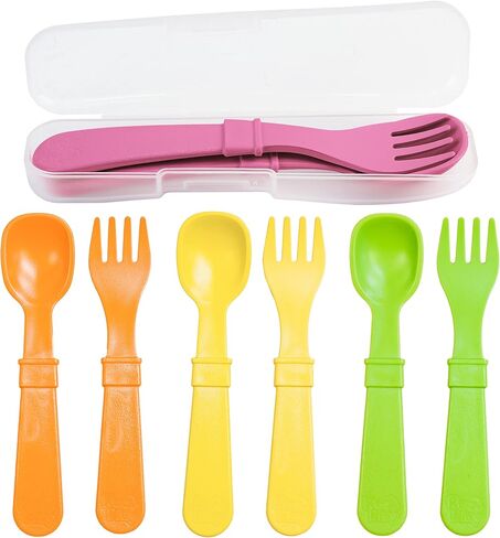 Re-Play Made in USA Toddler Forks and Spoons, Pack of 8 Without Carrying Case - 4 Kids Forks with Rounded Tips and 4 Deep Scoop Toddler Spoons - 0.2" Thick Toddler Utensils, Primary in Kuwait