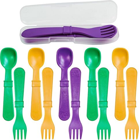 Re-Play Made in USA Toddler Forks and Spoons, Pack of 12 Without Carrying Case - 6 Kids Forks with Rounded Tips and 6 Deep Scoop Toddler Spoons - 0.2" Thick Toddler Utensils, Crayon Box in Saudi Arabia