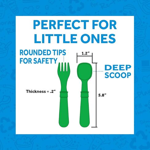 Re-Play Made in USA Toddler Forks and Spoons, Pack of 12 Without Carrying Case - 6 Kids Forks with Rounded Tips and 6 Deep Scoop Toddler Spoons - 0.2" Thick Toddler Utensils, Crayon Box in Saudi Arabia