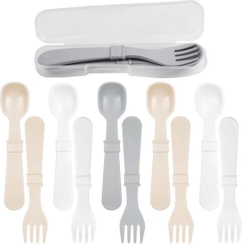 Re-Play Made in USA Toddler Forks and Spoons, Pack of 12 Without Carrying Case - 6 Kids Forks with Rounded Tips and 6 Deep Scoop Toddler Spoons - 0.2" Thick Toddler Utensils, Crayon Box in Saudi Arabia