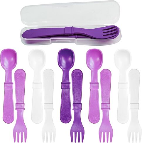 Re-Play Made in USA Toddler Forks and Spoons, Pack of 12 Without Carrying Case - 6 Kids Forks with Rounded Tips and 6 Deep Scoop Toddler Spoons - 0.2" Thick Toddler Utensils, Crayon Box in Saudi Arabia
